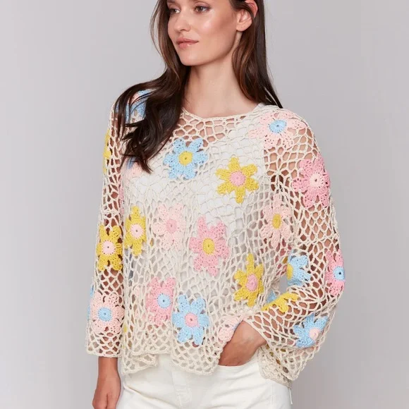 CHARLIE B Pink and Blue Flutter Sleeve Cropped Blouse - Picture 5 of 6